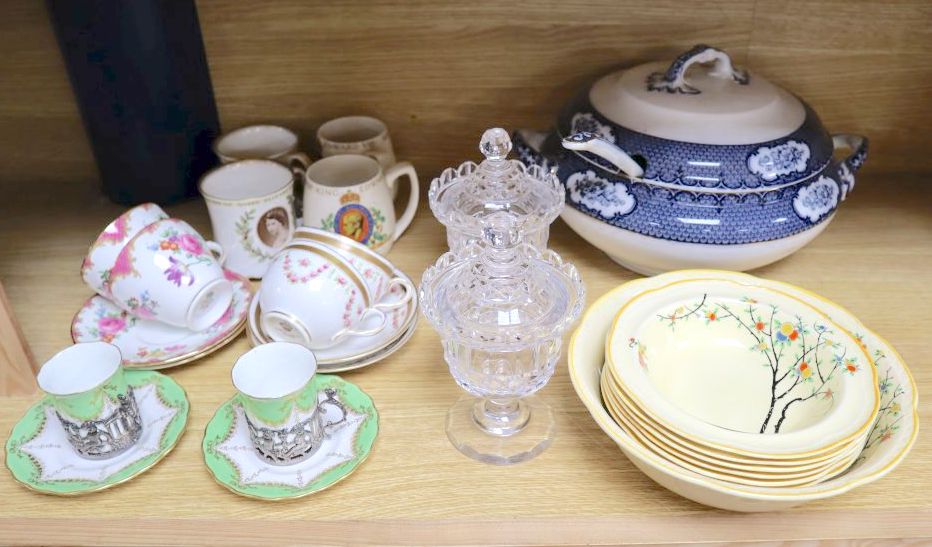 A pair of Coalport silver mounted coffee cans and saucers, together with other mixed ceramics and glass